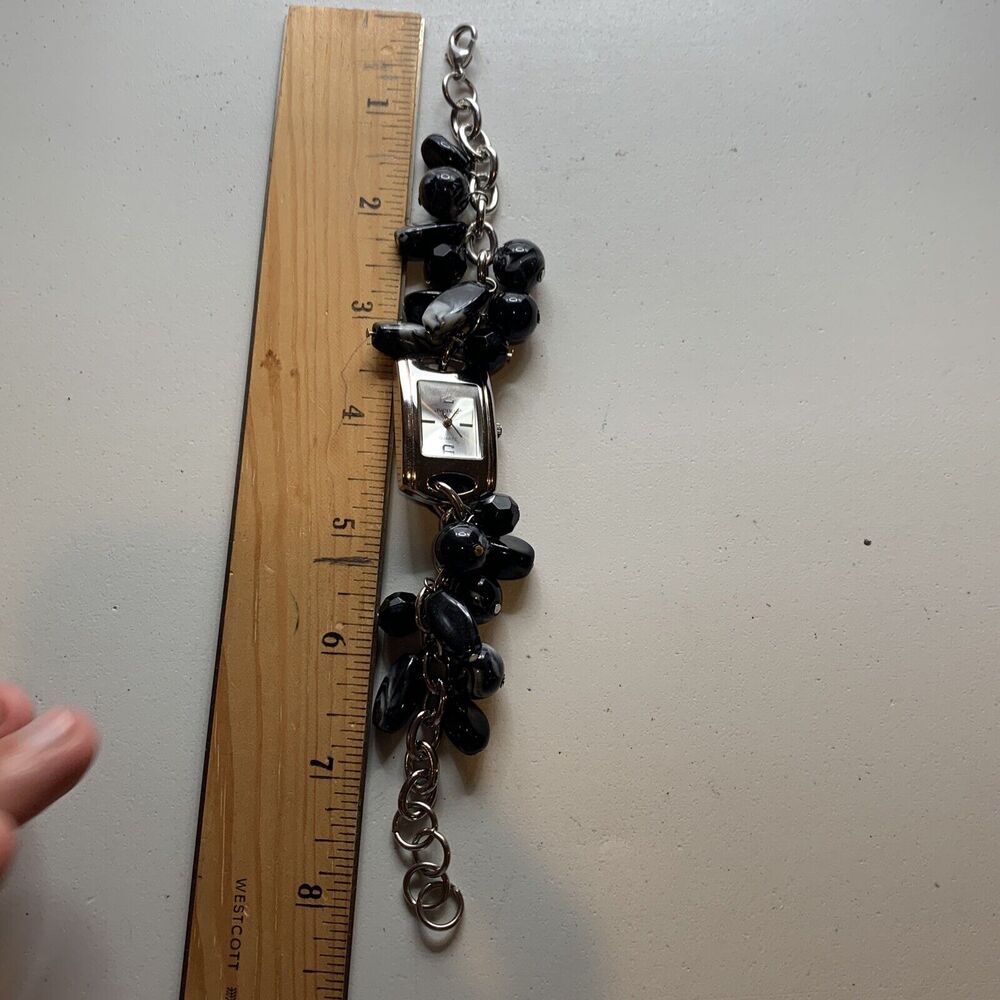Vintage AVENUE Womens Silver Tone Black Gray Bead Bracelet Quartz Watch A56 - Picture 5 of 8